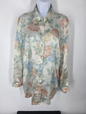 Coldwater Creek Vintage Pastel Floral Shadow Stripe Satin Blouse Small Peach
